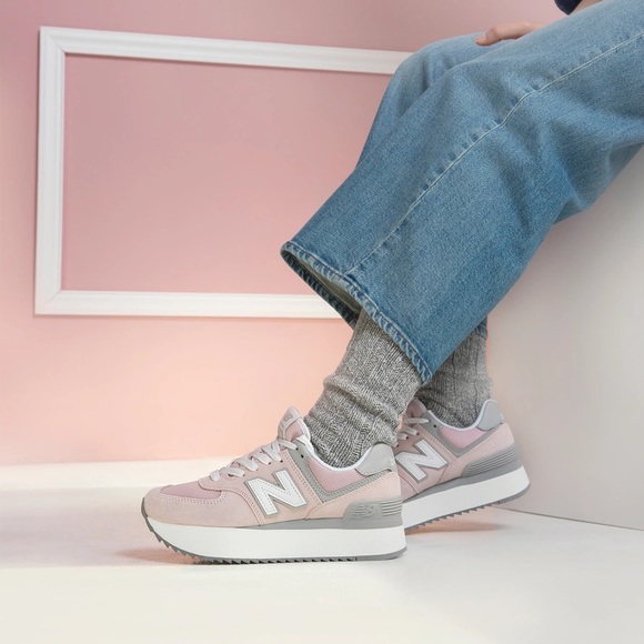 New Balance 574 + Platform Retro Running Shoes / Sneakers -Pink Stone - Picture 12 of 16
